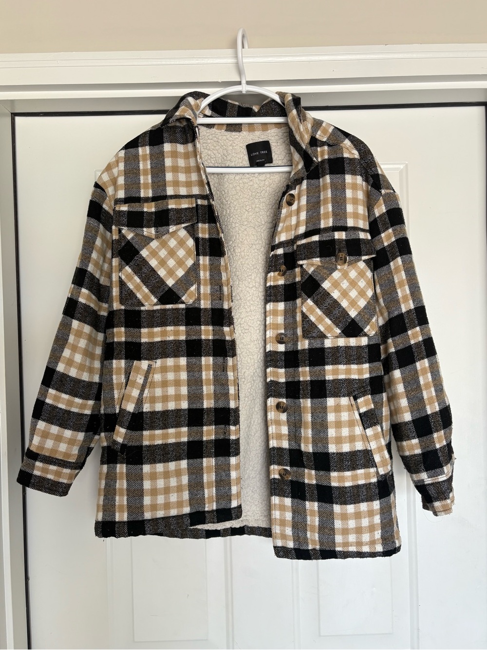 Love Tree Black & Tan Plaid Teddy-Lined Shacket